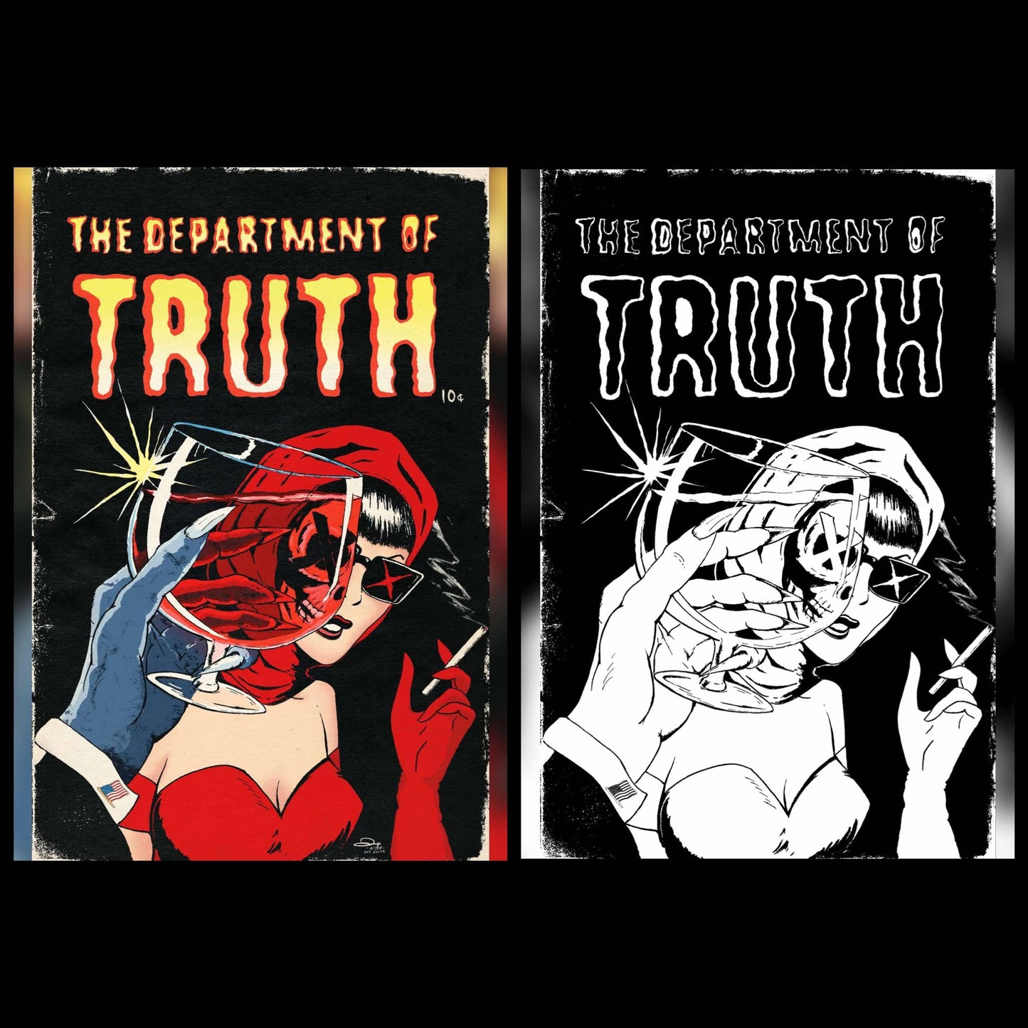 Department of Turth #28 Exclusive Comic Book, color and Black and White variant front facing.