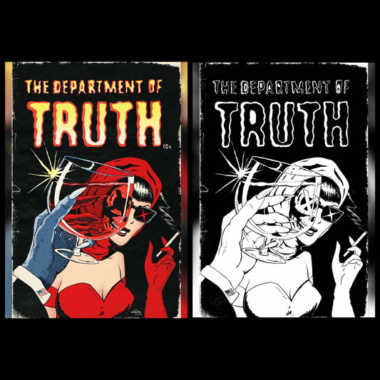 Department of Turth #28 Exclusive Comic Book, color and Black and White variant front facing.